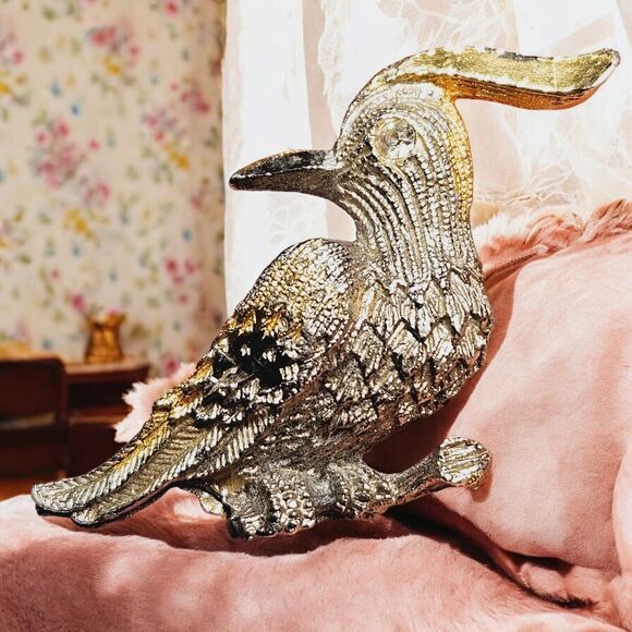 Bird On Branches Brooch Vintage Gold & Silver Tone Etched Rhinestone Eye Pin - Picture 1 of 9